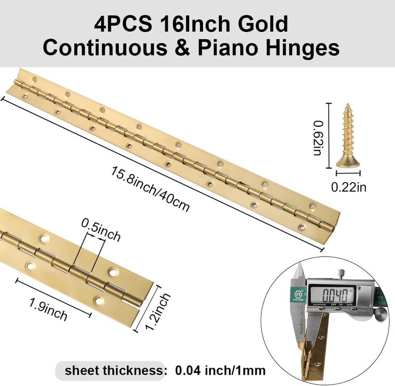 FVSEC 16 Inch Gold Stainless Steel Piano Hinges, 4 Pcs Continuous & Piano Hinge with Holes, Heavy Duty Piano Hinge 0.04" Leaf Thickness, 1.2'' Open Width for Furniture Cabinet Door Wooden Box Woodworking - Image 2